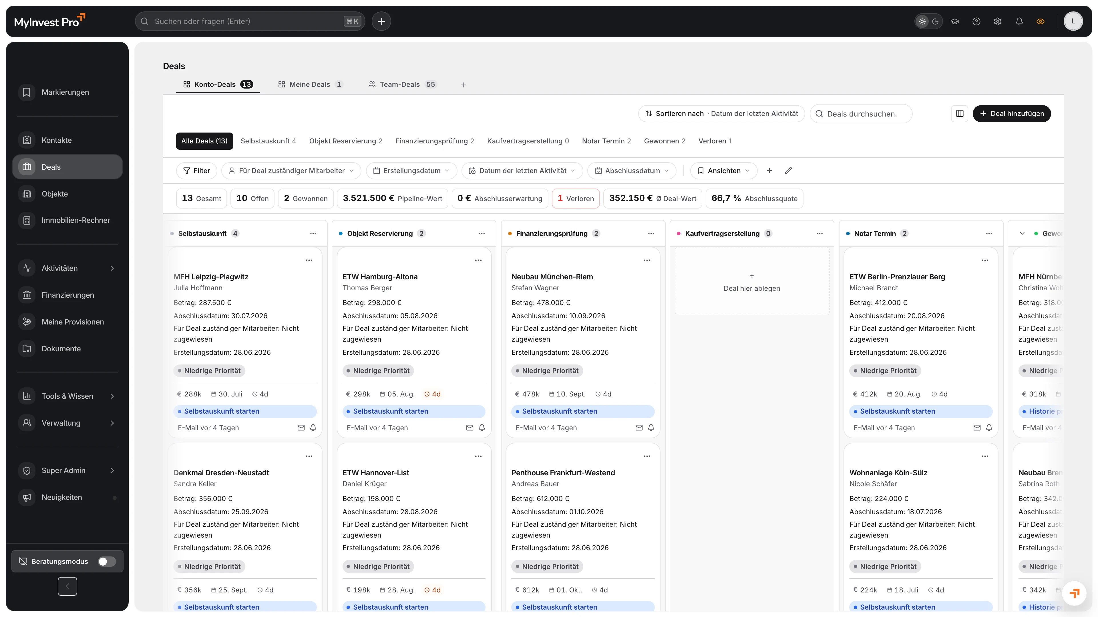 Deal- und CRM-Pipeline MyInvest Pro