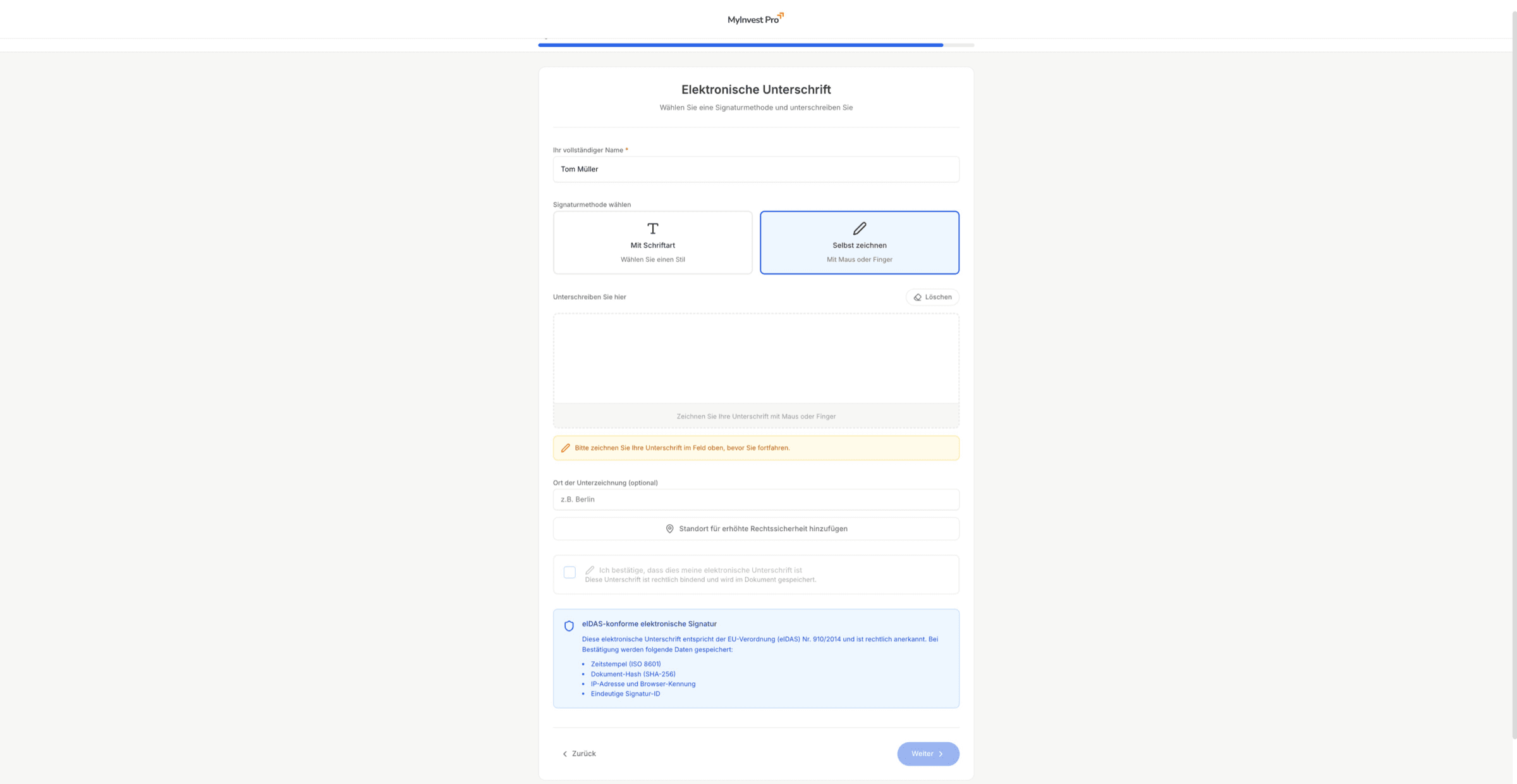 E-Signatur und Selbstauskunft MyInvest Pro