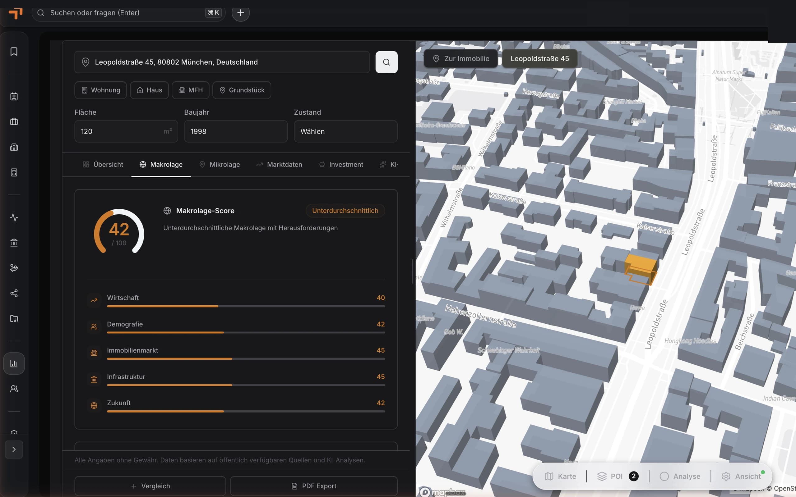 MyInvest Pro Standortanalyse: Ergebnis-Übersicht mit Standort-Score und Kennzahlen (Dark Mode)