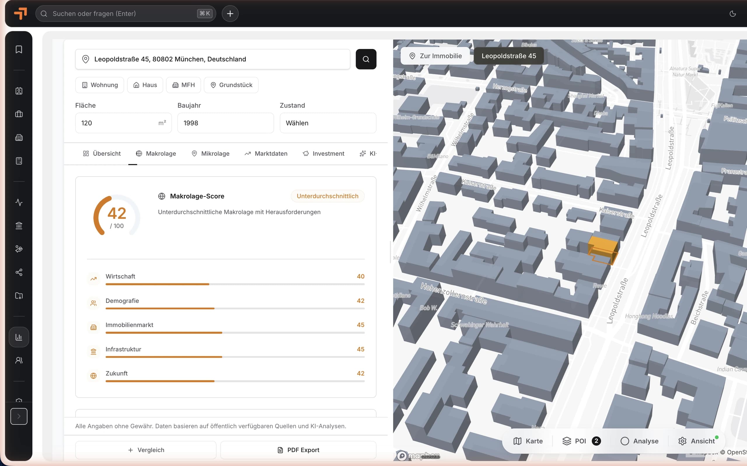 MyInvest Pro Standortanalyse: Makrolage-Bewertung mit Karten- und Datenansicht