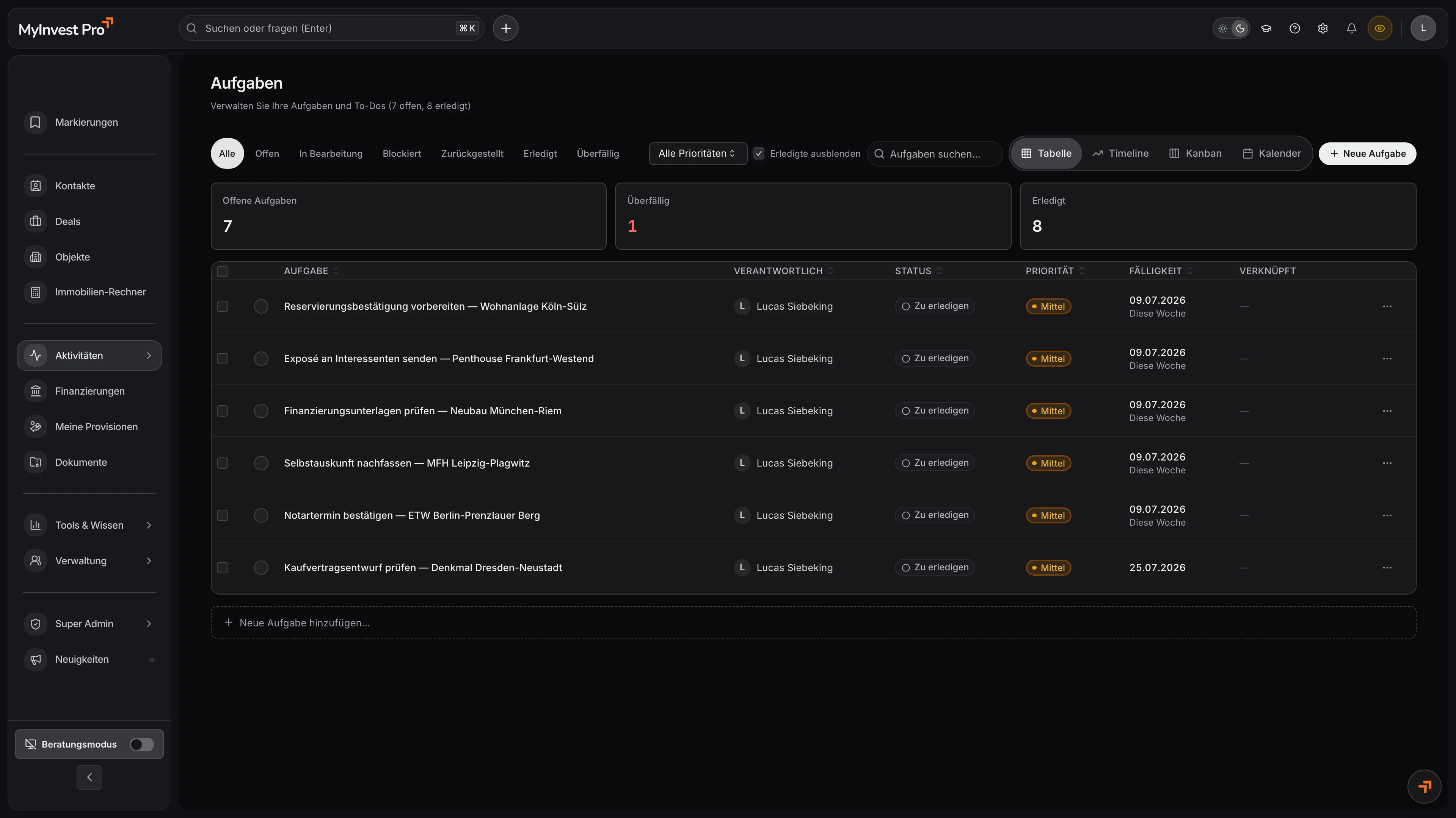 MyInvest Pro Aufgaben-Interface (Demo-Daten)