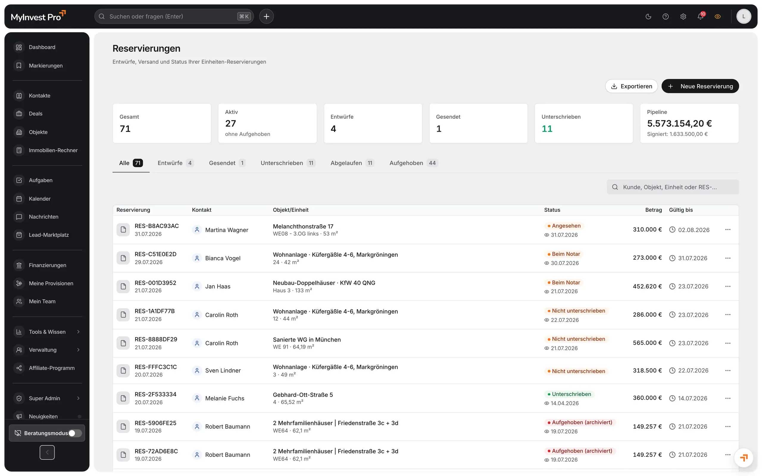 Rechtssicheres Reservierungssystem mit Status und Fristen in MyInvest Pro