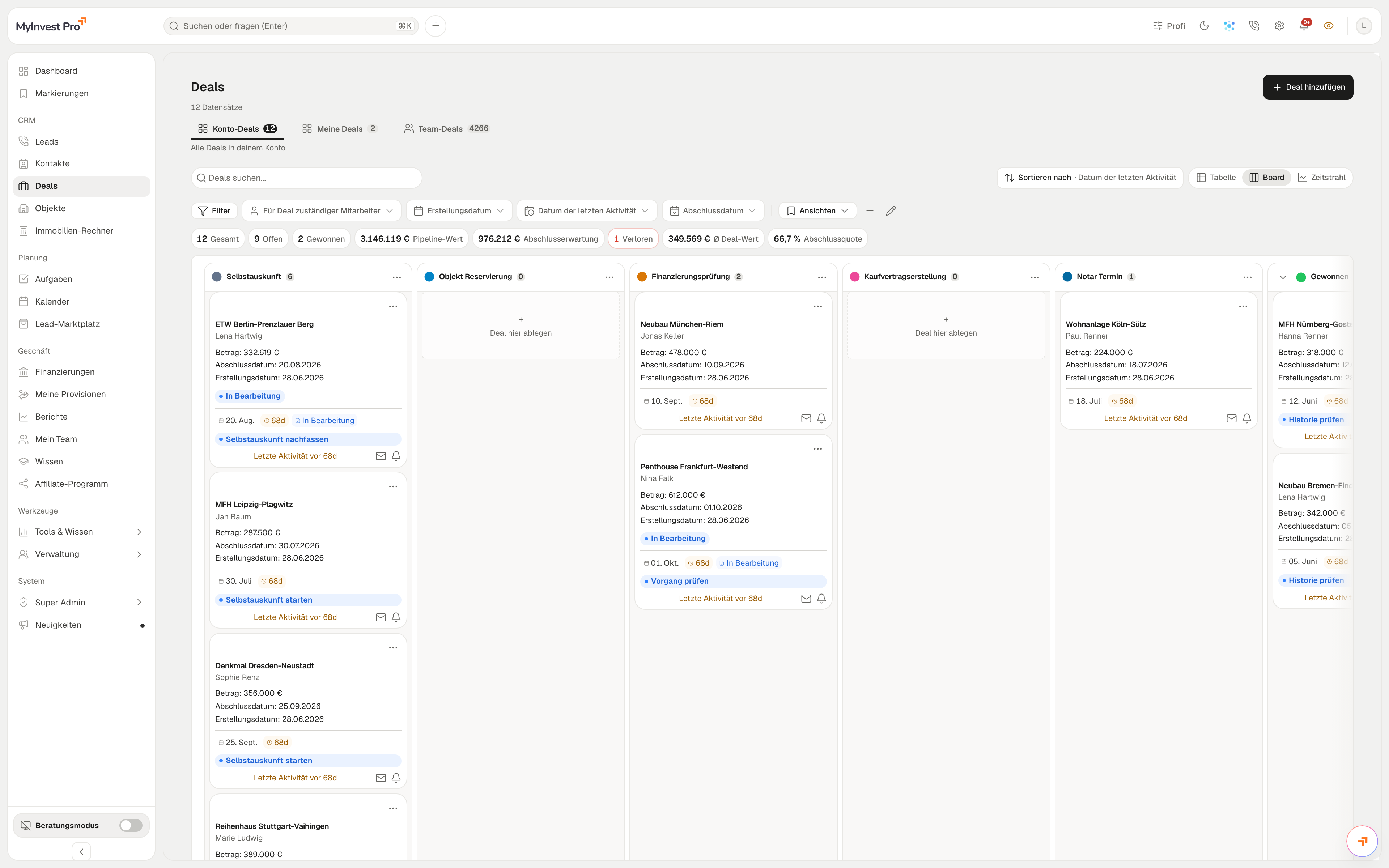 Deal-Pipeline in MyInvest Pro als Board mit Vertriebsstufen