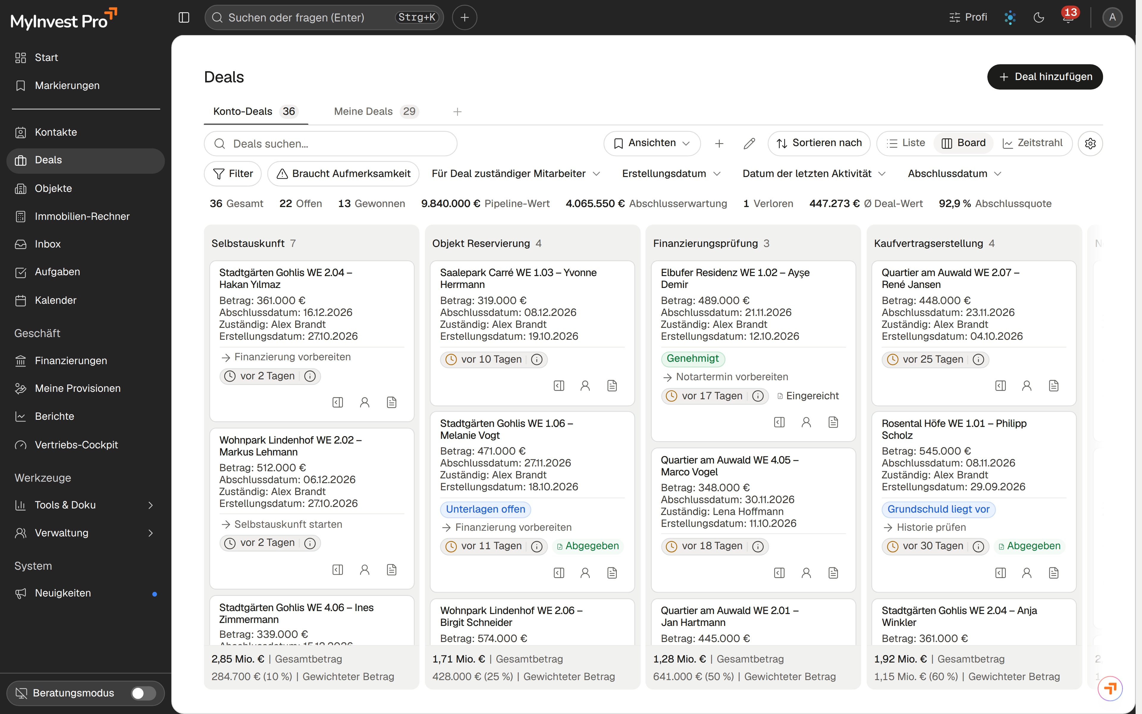 Deal-Pipeline in MyInvest Pro als Board mit Vertriebsstufen
