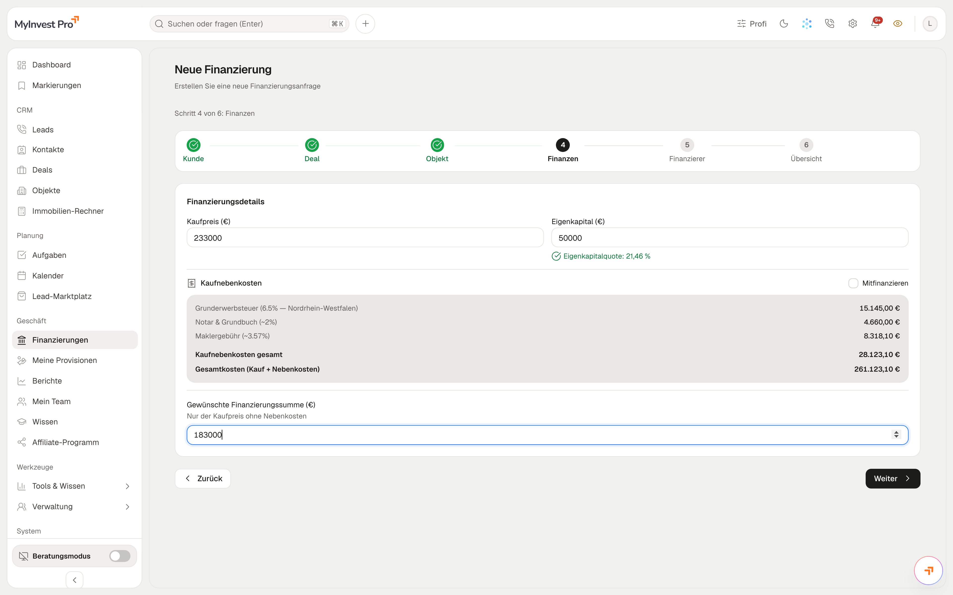 Neue Finanzierungsanfrage in MyInvest Pro: Kaufpreis, Eigenkapital, Kaufnebenkosten und Finanzierungssumme