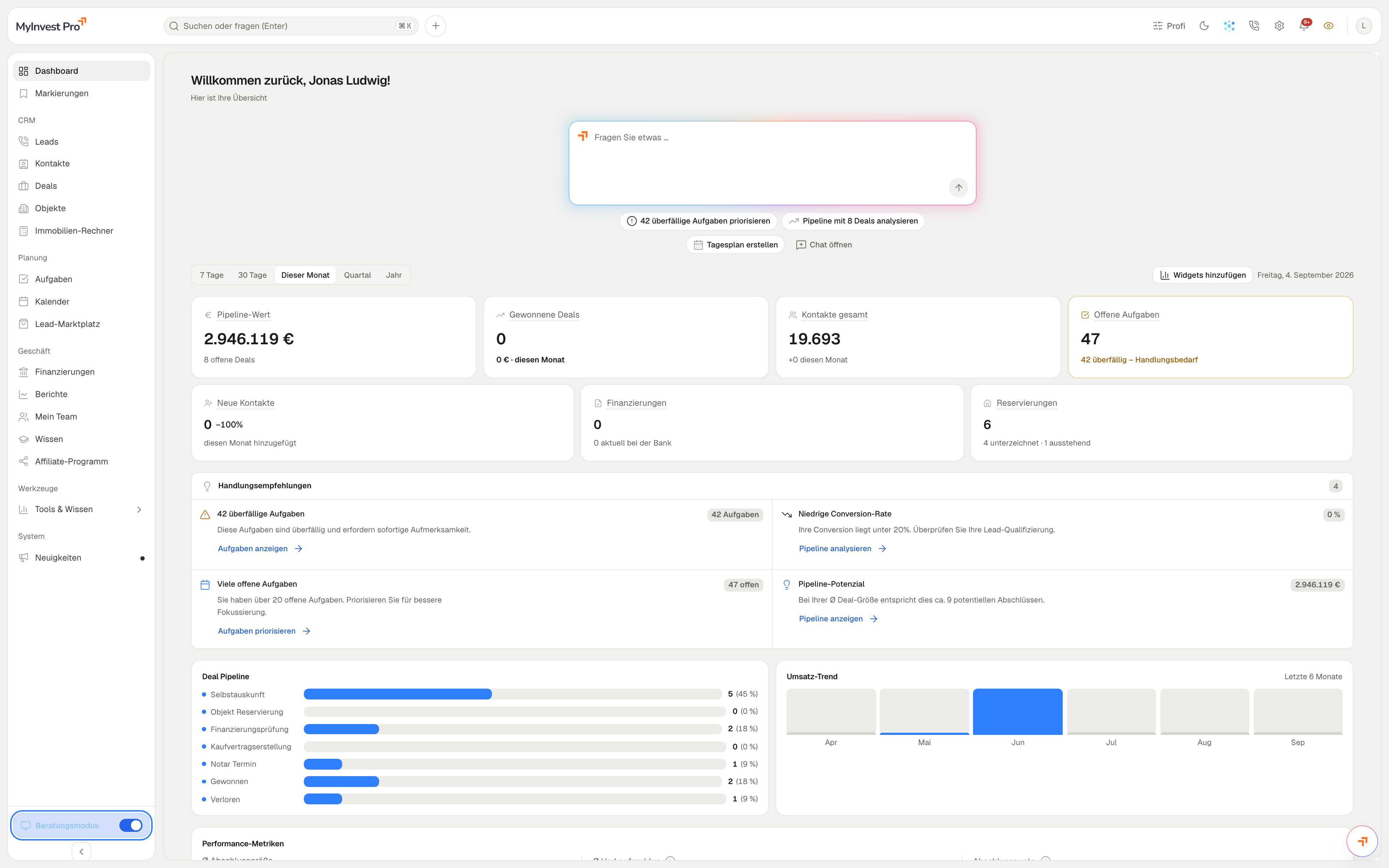 Beratungsmodus in MyInvest Pro mit den Stufen Einfach, Mittel und Profi