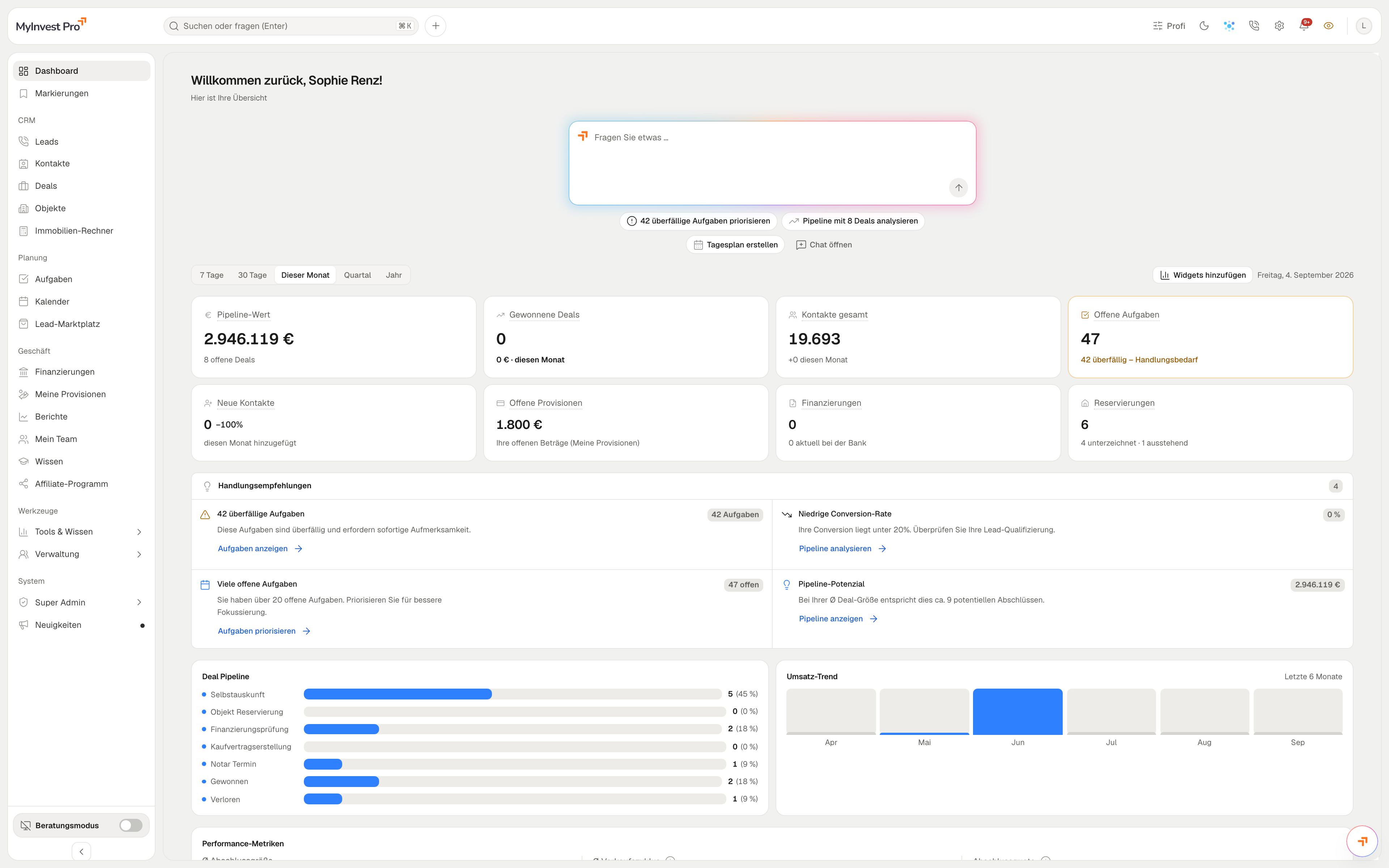 Dashboard von MyInvest Pro mit Live-Überblick über Pipeline, Aufgaben und operative Vertriebsdaten.