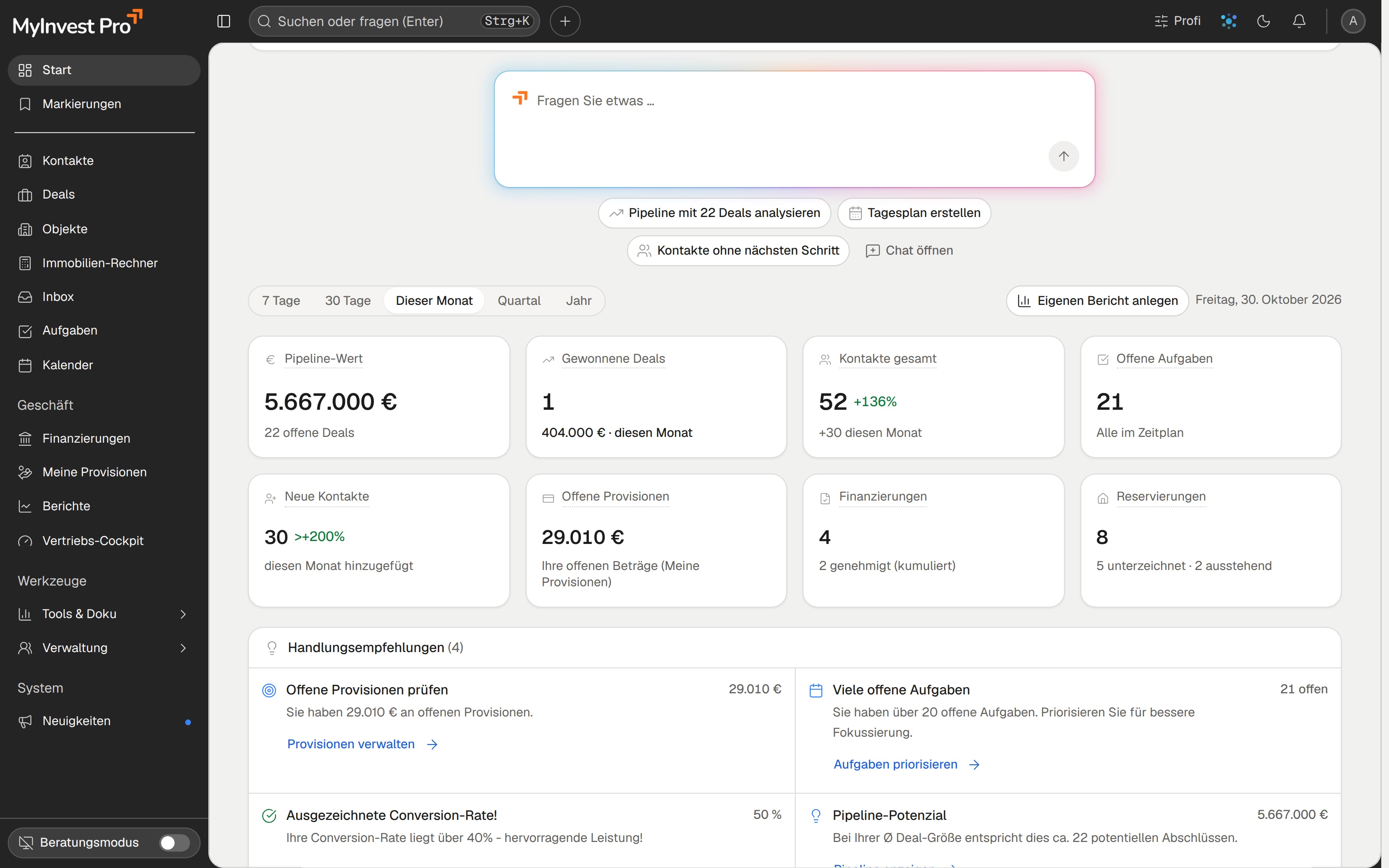 Dashboard von MyInvest Pro mit Live-Überblick über Pipeline, Aufgaben und operative Vertriebsdaten.