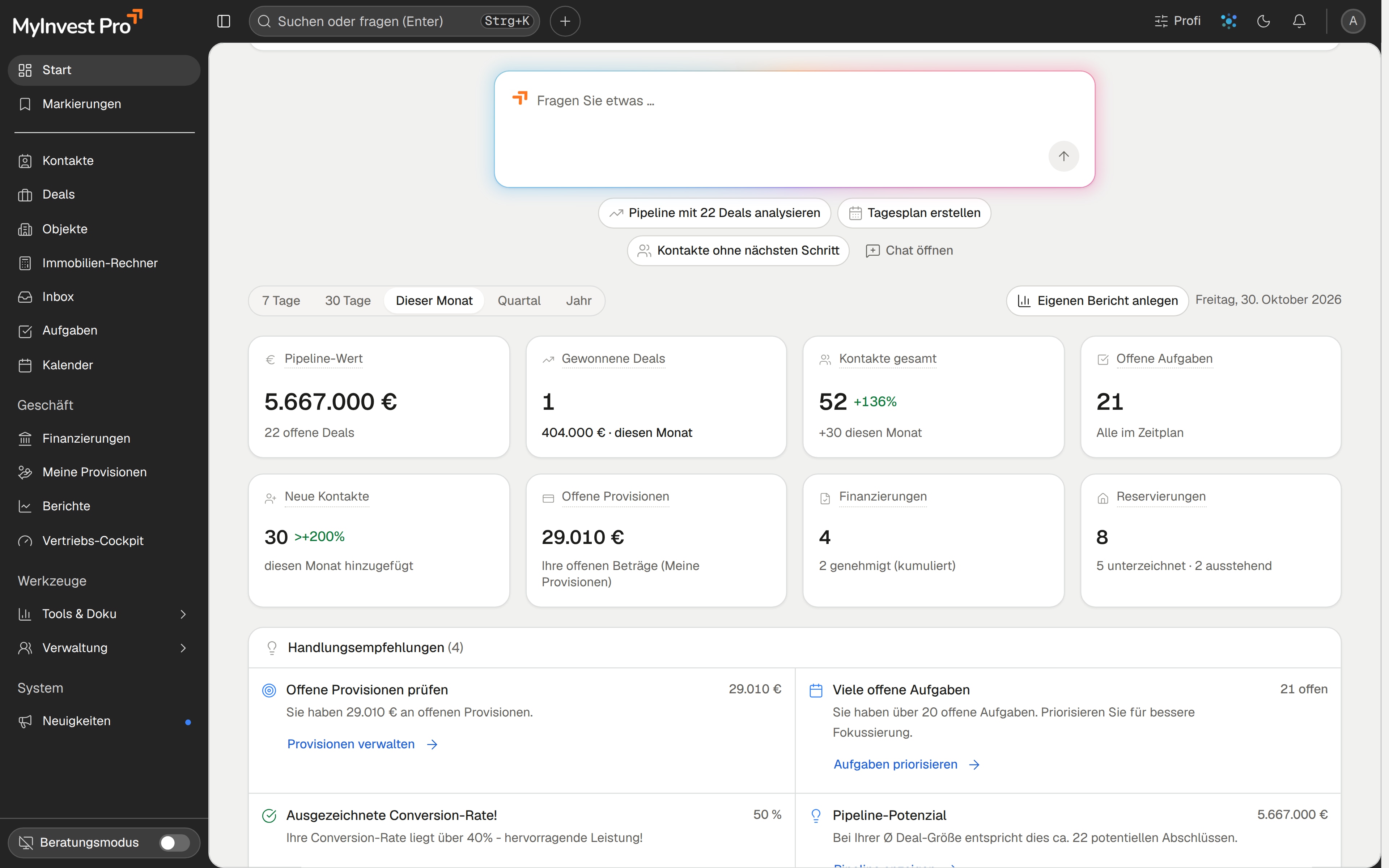 Dashboard von MyInvest Pro mit Kennzahlen, offenen Aufgaben und aktuellen Deals