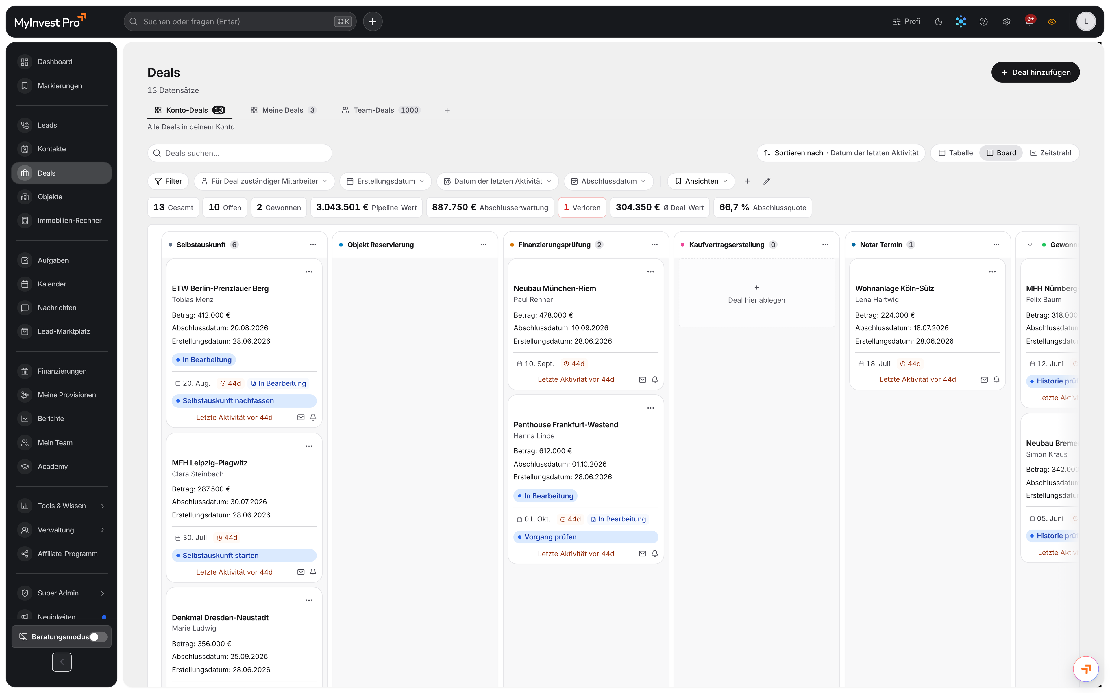 Deal-Pipeline in MyInvest Pro als Board mit Vertriebsstufen