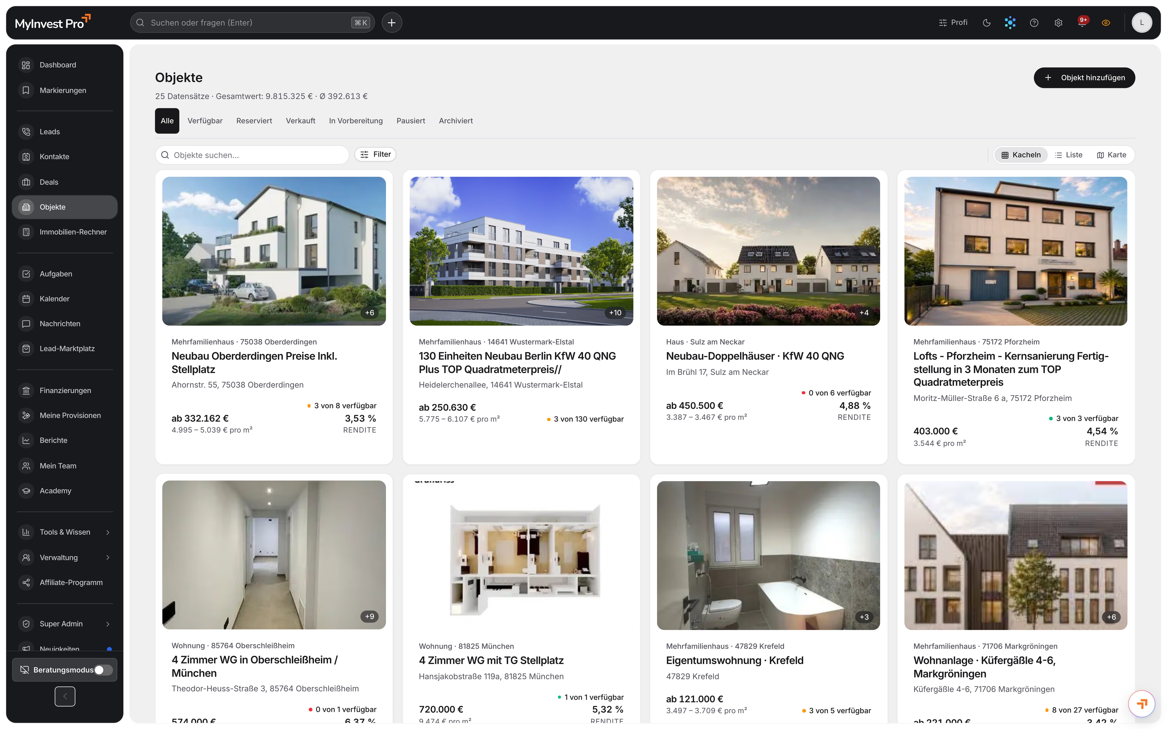 Objektkatalog in MyInvest Pro mit Eckdaten und Vermarktungsstand je Immobilie