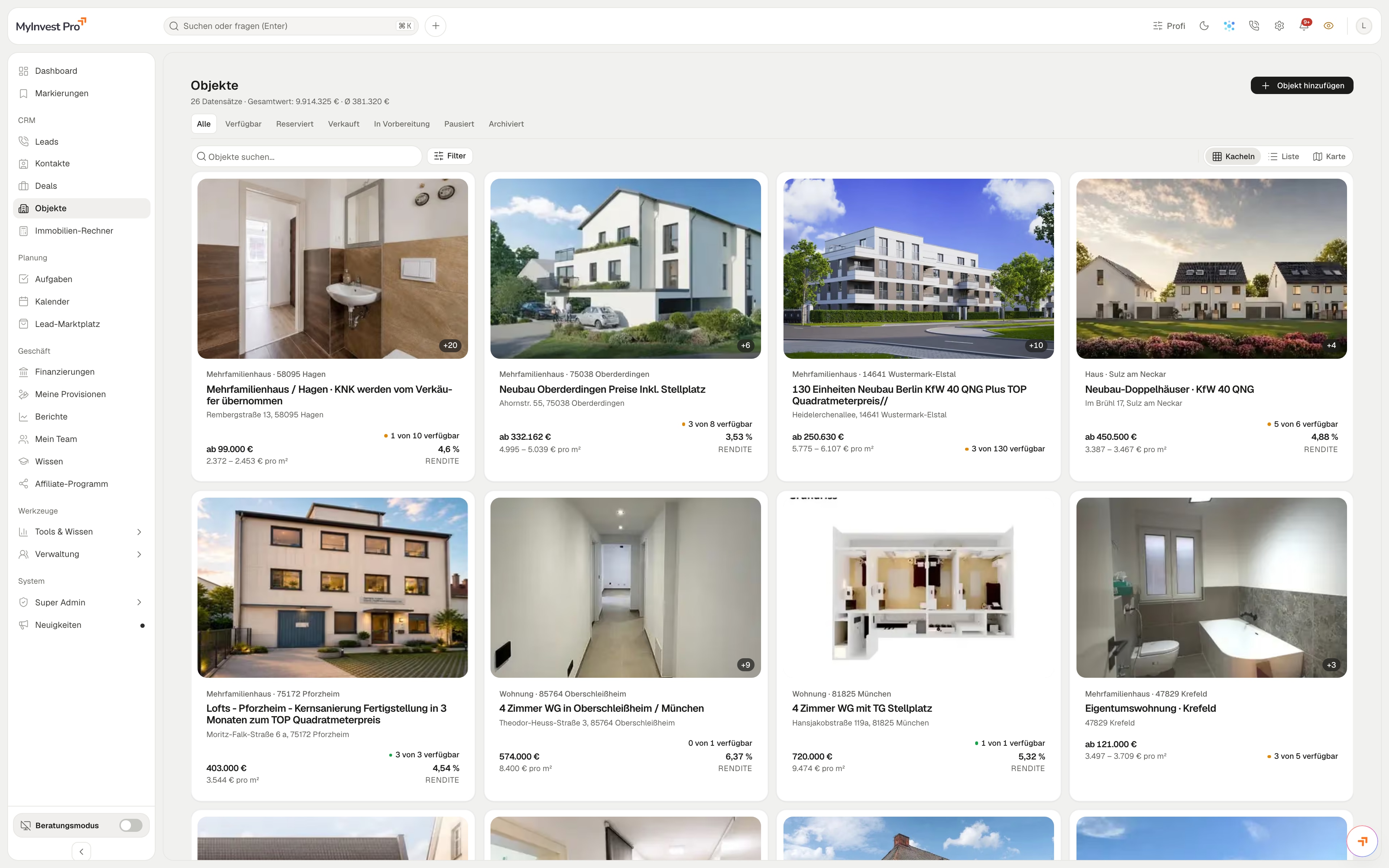 Objektkatalog in MyInvest Pro mit Eckdaten und Vermarktungsstand je Immobilie