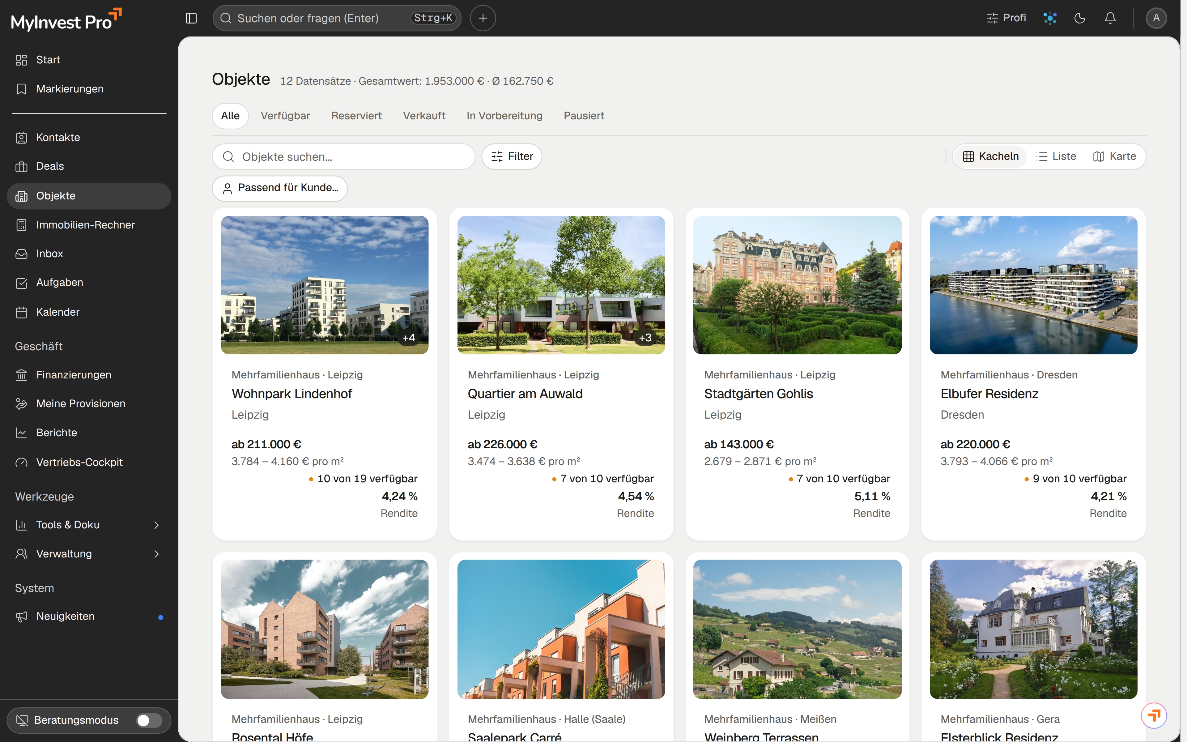 Objektkatalog in MyInvest Pro mit Eckdaten und Vermarktungsstand je Immobilie