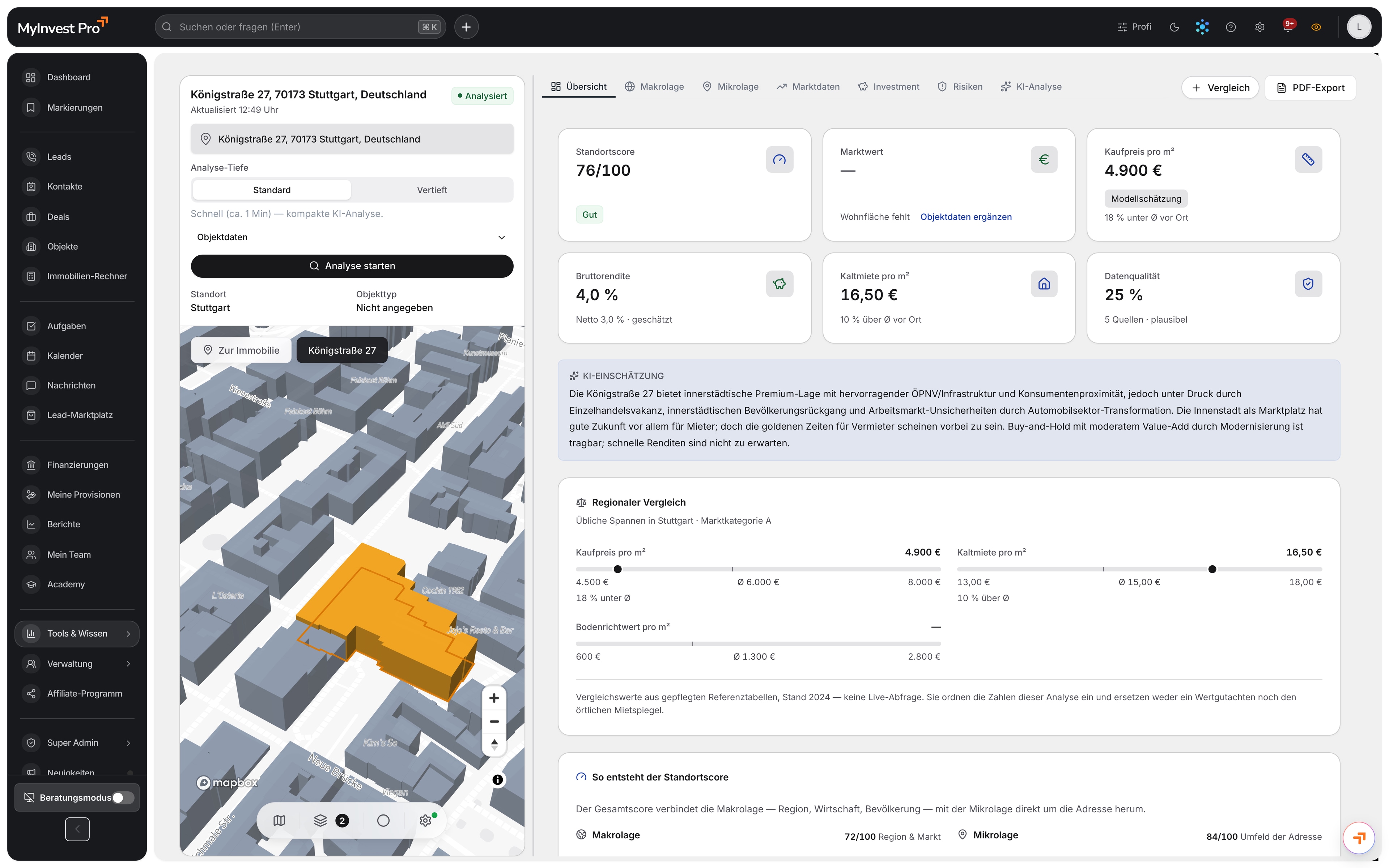 KI-Standortanalyse in MyInvest Pro mit Standortscore und regionalem Vergleich