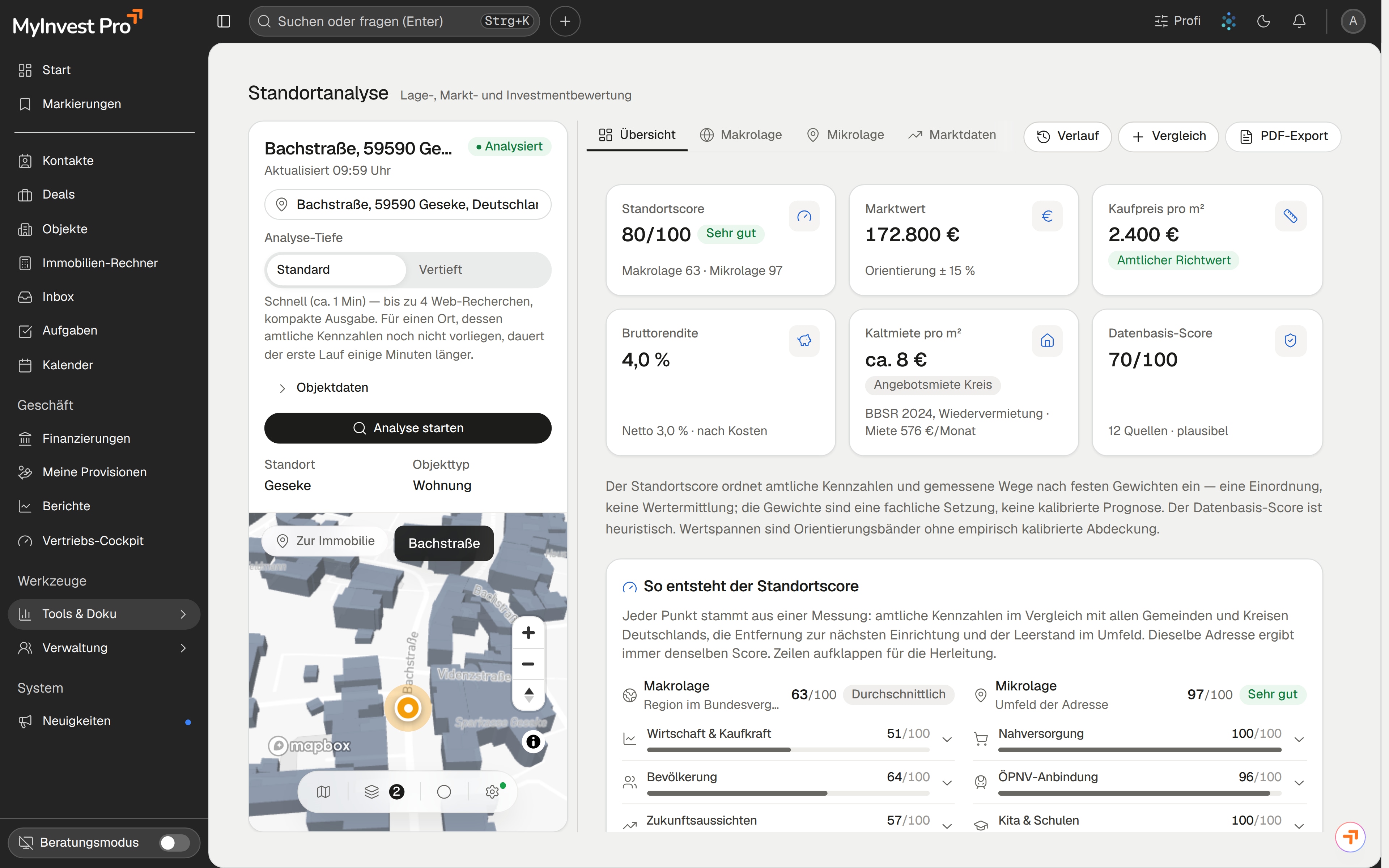 Standortanalyse in MyInvest Pro: Gesamtscore, Makro- und Mikrolage und Marktdaten zur Adresse
