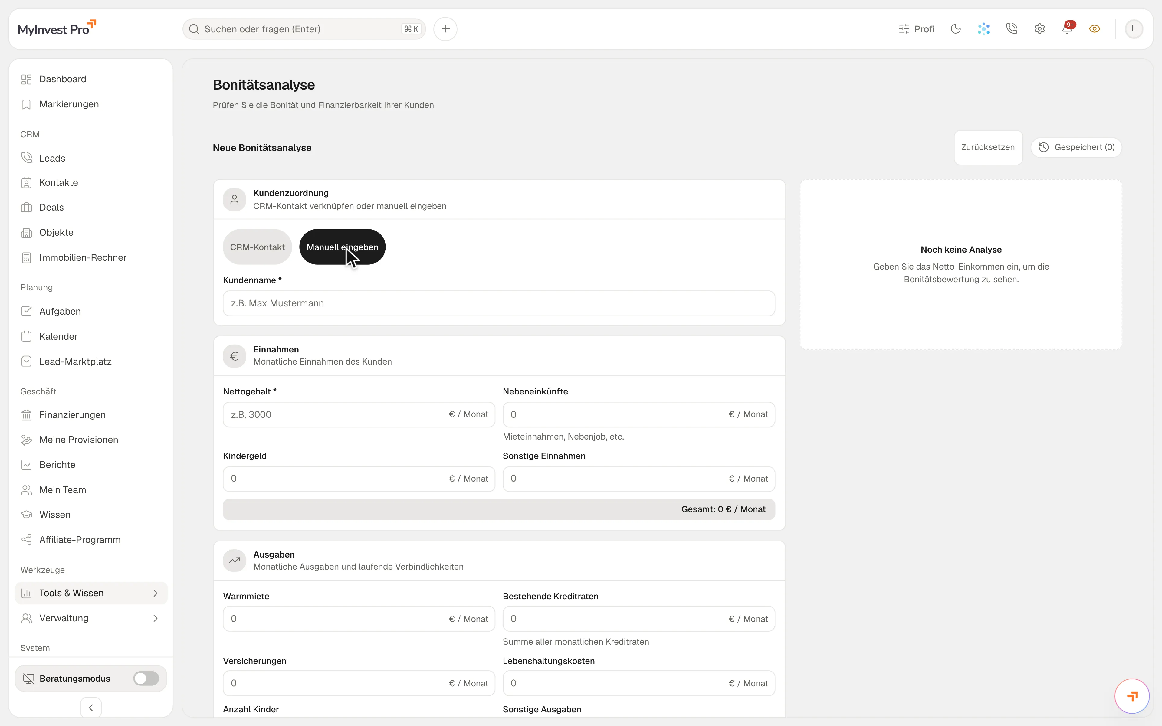 Bonitätsanalyse in MyInvest Pro: Eingabe von Einnahmen und Ausgaben, daneben aktualisieren sich Belastungsquote, tragbare Rate und Darlehensspanne
