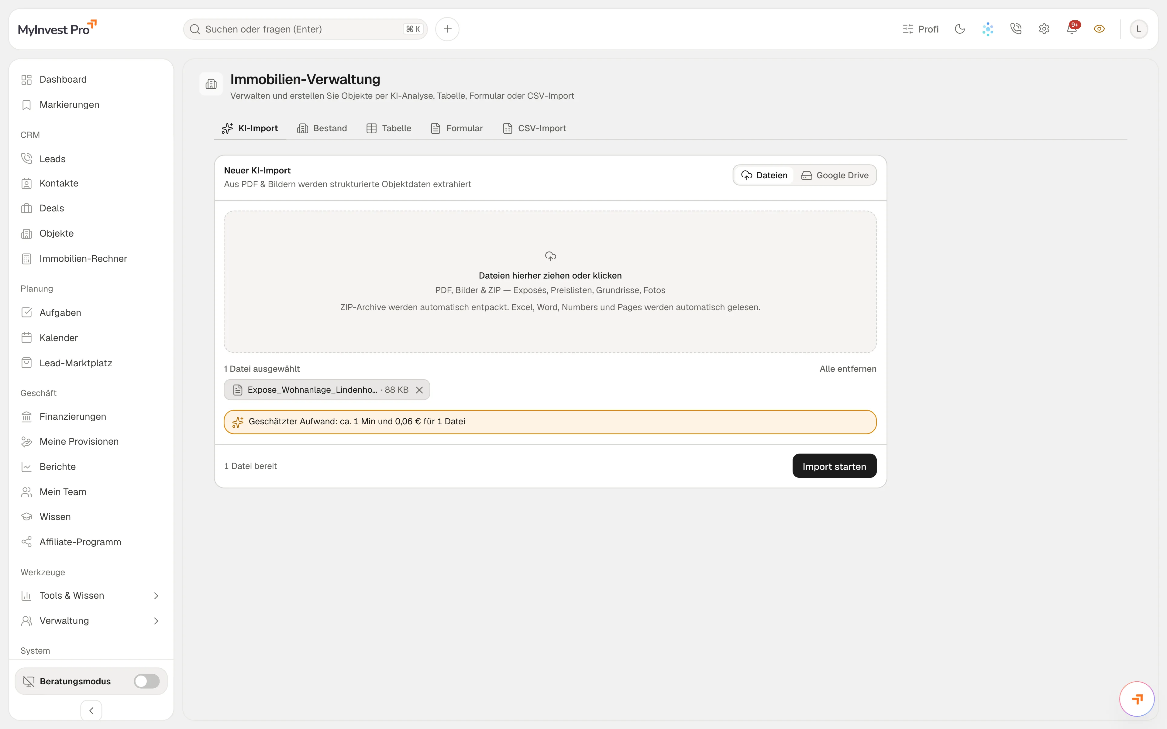 KI-Import in MyInvest Pro: ein Exposé ist ausgewählt, der geschätzte Aufwand steht darunter, der Import wartet auf den Start