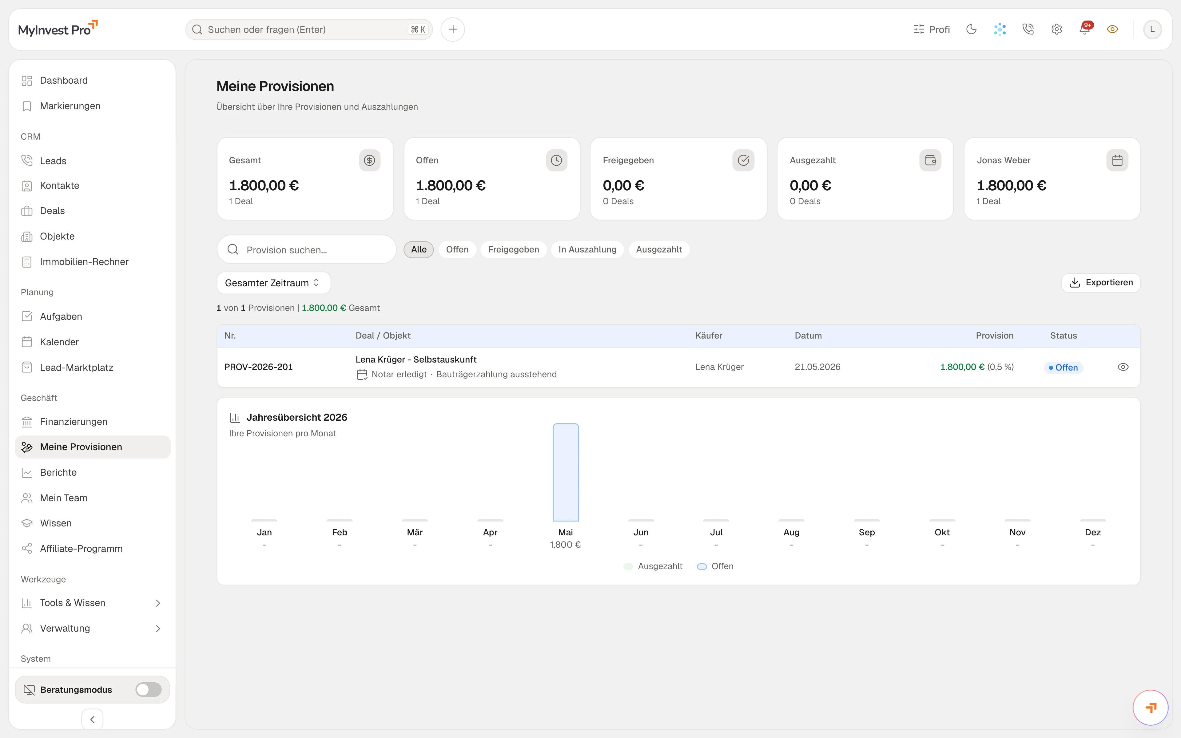 Provisionsübersicht mit Status-Filtern, eine geöffnete Provision mit Berechnung und Status-Historie, danach die Team-Provisionen