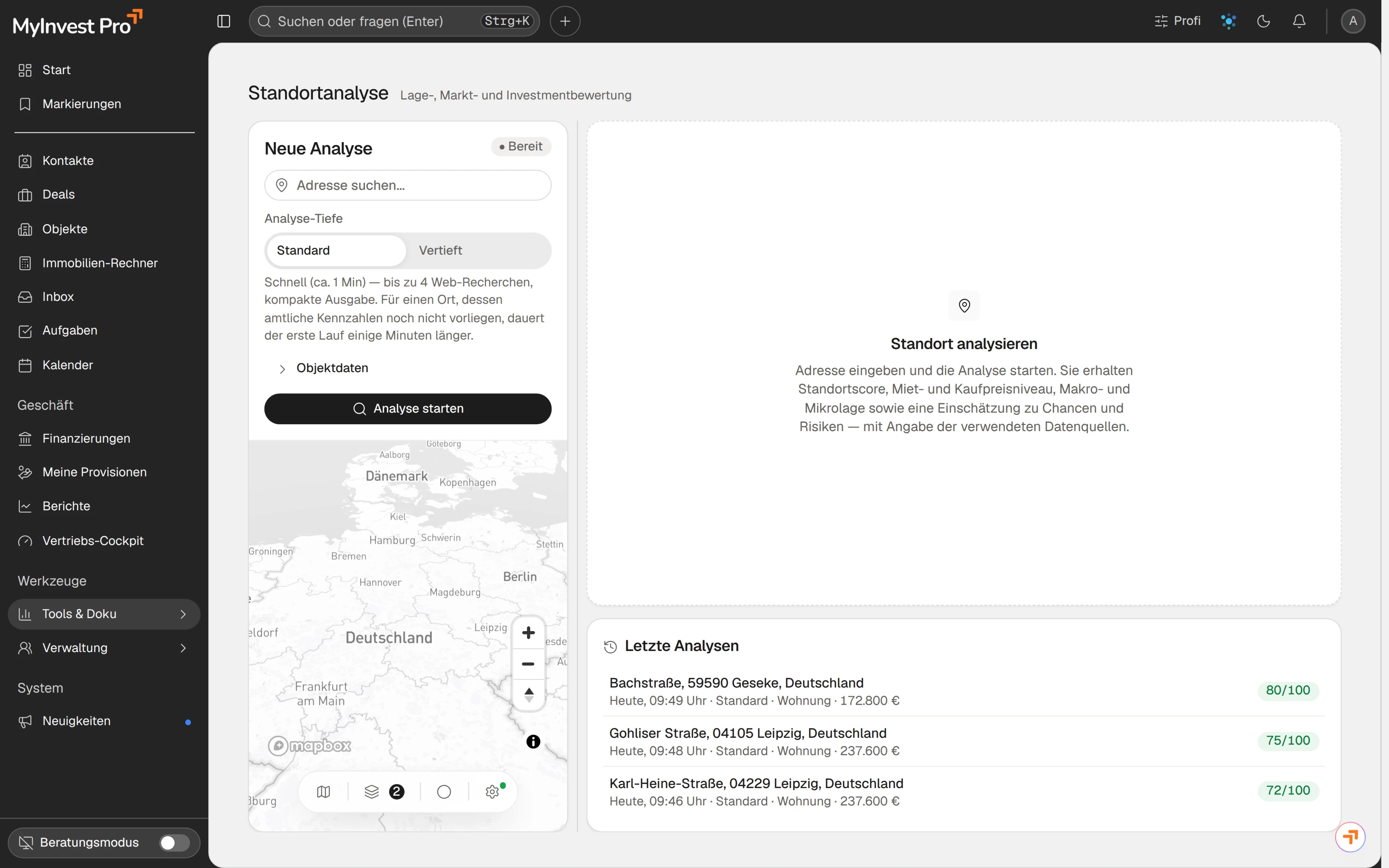 Einstieg der KI-Standortanalyse in MyInvest Pro: Adressfeld, Wahl der Analysetiefe und Karte