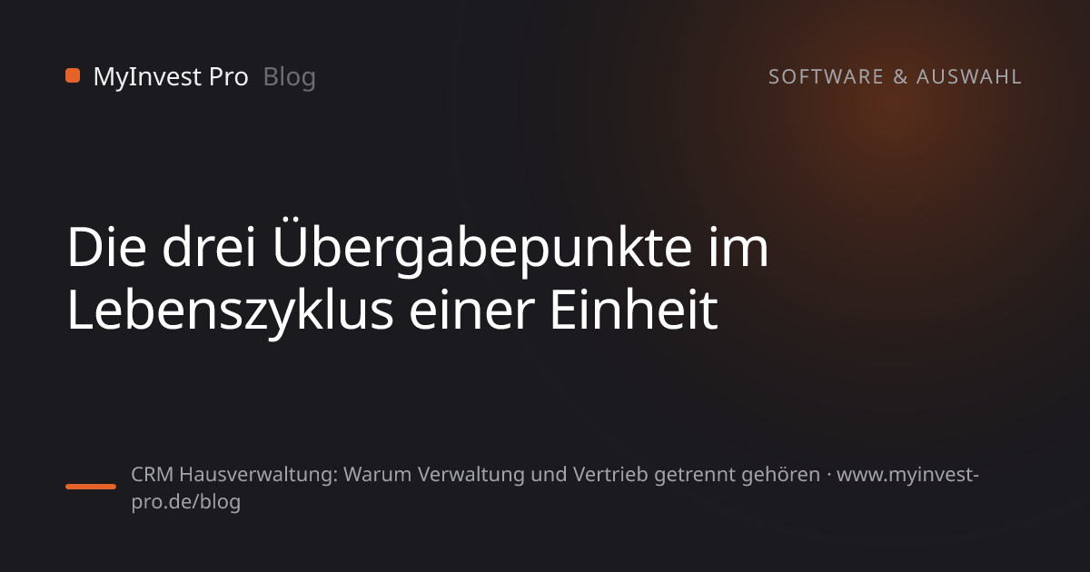 Schlüsselgrafik „Die drei Übergabepunkte im Lebenszyklus einer Einheit“ zum Artikel „CRM Hausverwaltung: Warum Verwaltung und Vertrieb getrennt gehören“
