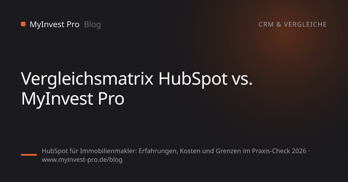 Schlüsselgrafik „Vergleichsmatrix HubSpot vs. MyInvest Pro“ zum Artikel „HubSpot für Immobilienmakler: Erfahrungen, Kosten und Grenzen im Praxis-Check 2026“