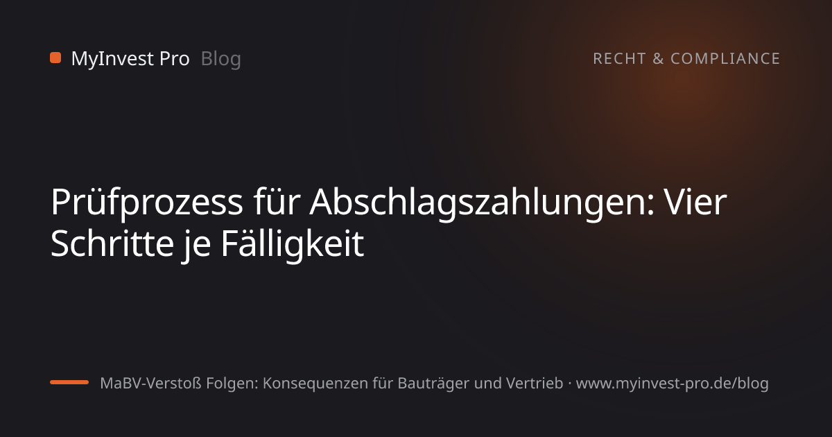 Schlüsselgrafik „Prüfprozess für Abschlagszahlungen: Vier Schritte je Fälligkeit“ zum Artikel „MaBV-Verstoß Folgen: Konsequenzen für Bauträger und Vertrieb“