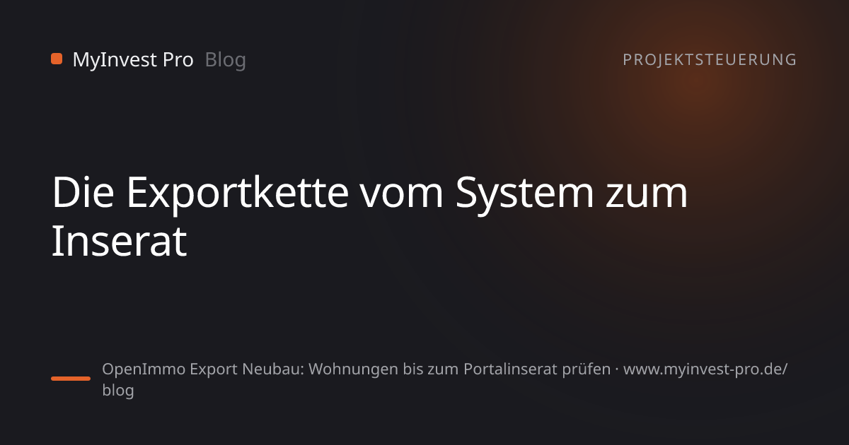 Schlüsselgrafik „Die Exportkette vom System zum Inserat“ zum Artikel „OpenImmo Export Neubau: Wohnungen bis zum Portalinserat prüfen“
