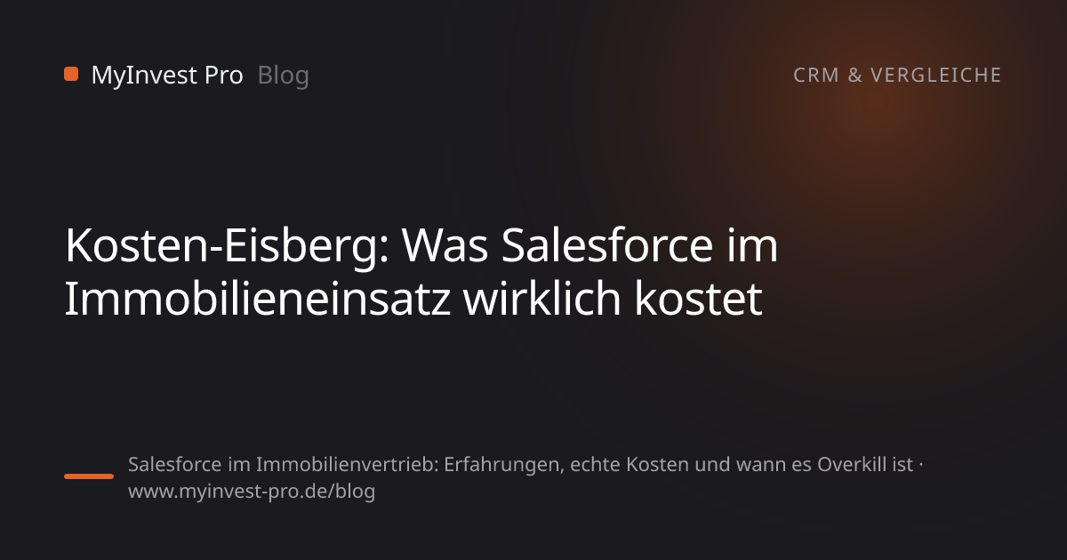 Schlüsselgrafik „Kosten-Eisberg: Was Salesforce im Immobilieneinsatz wirklich kostet“ zum Artikel „Salesforce im Immobilienvertrieb: Erfahrungen, echte Kosten und wann es Overkill ist“
