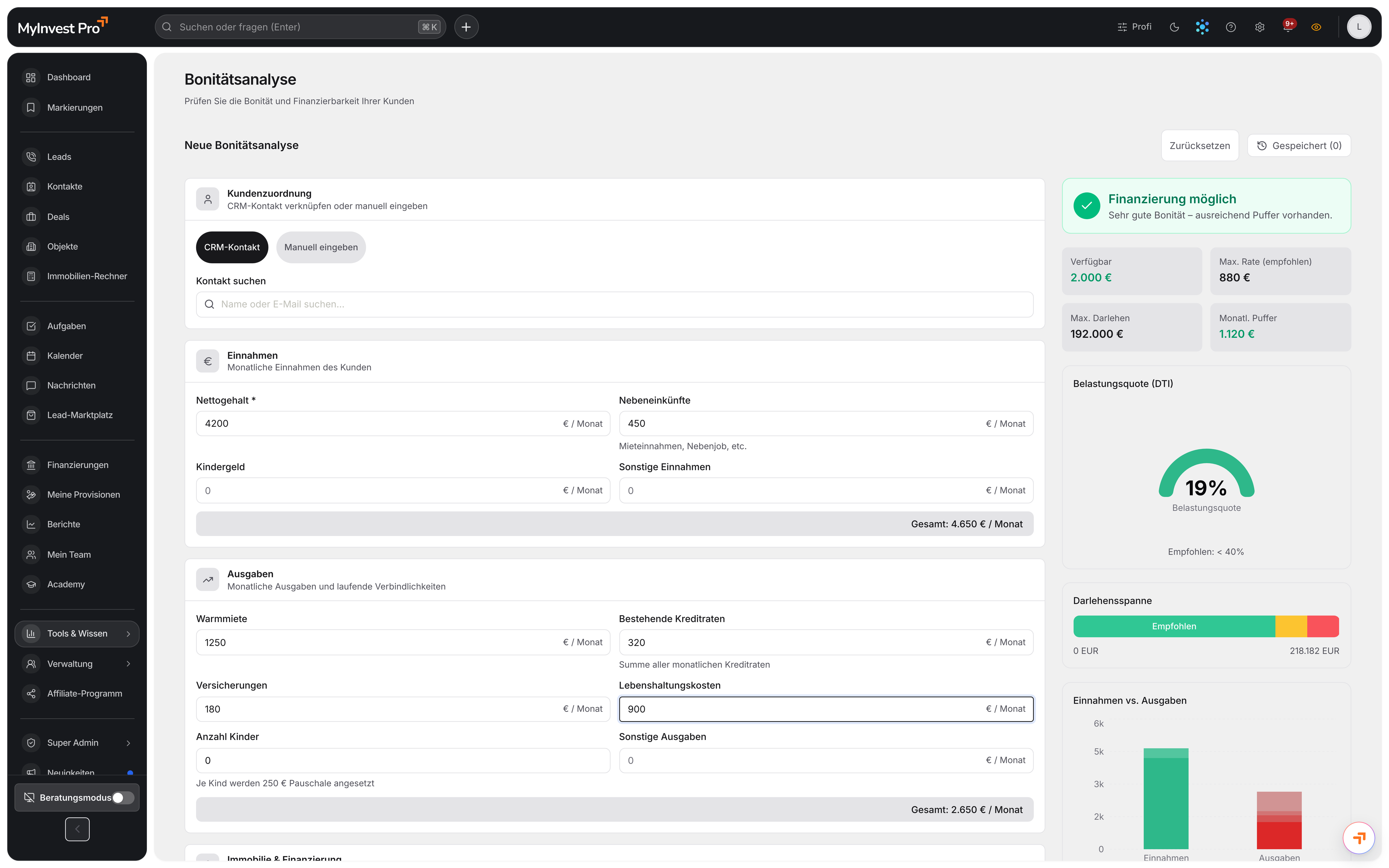 Bonitätsanalyse in MyInvest Pro: Haushaltsrechnung mit Belastungsquote und tragbarer Rate