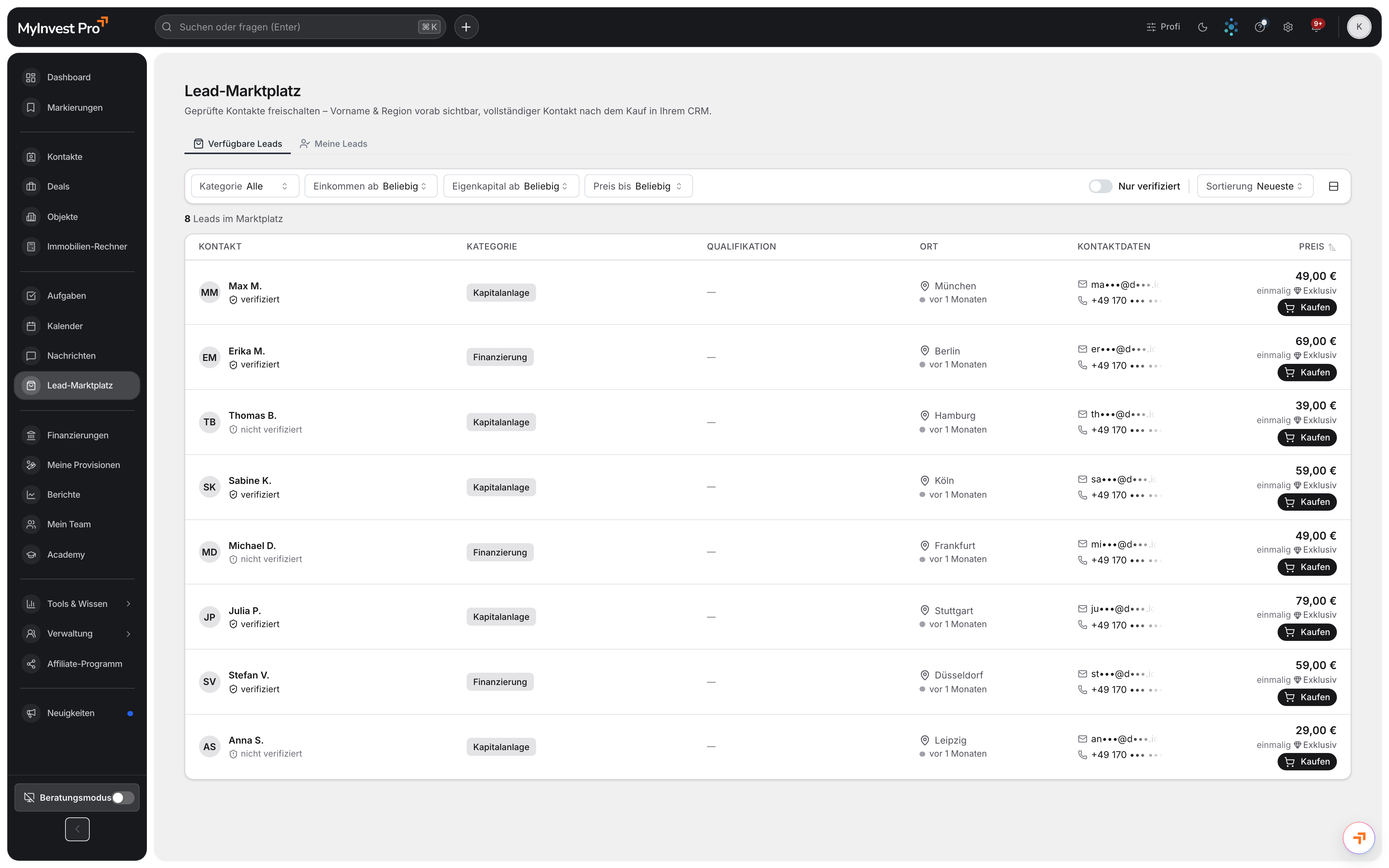 Lead-Marktplatz in MyInvest Pro mit verfügbaren Leads, Filtern und Preisen