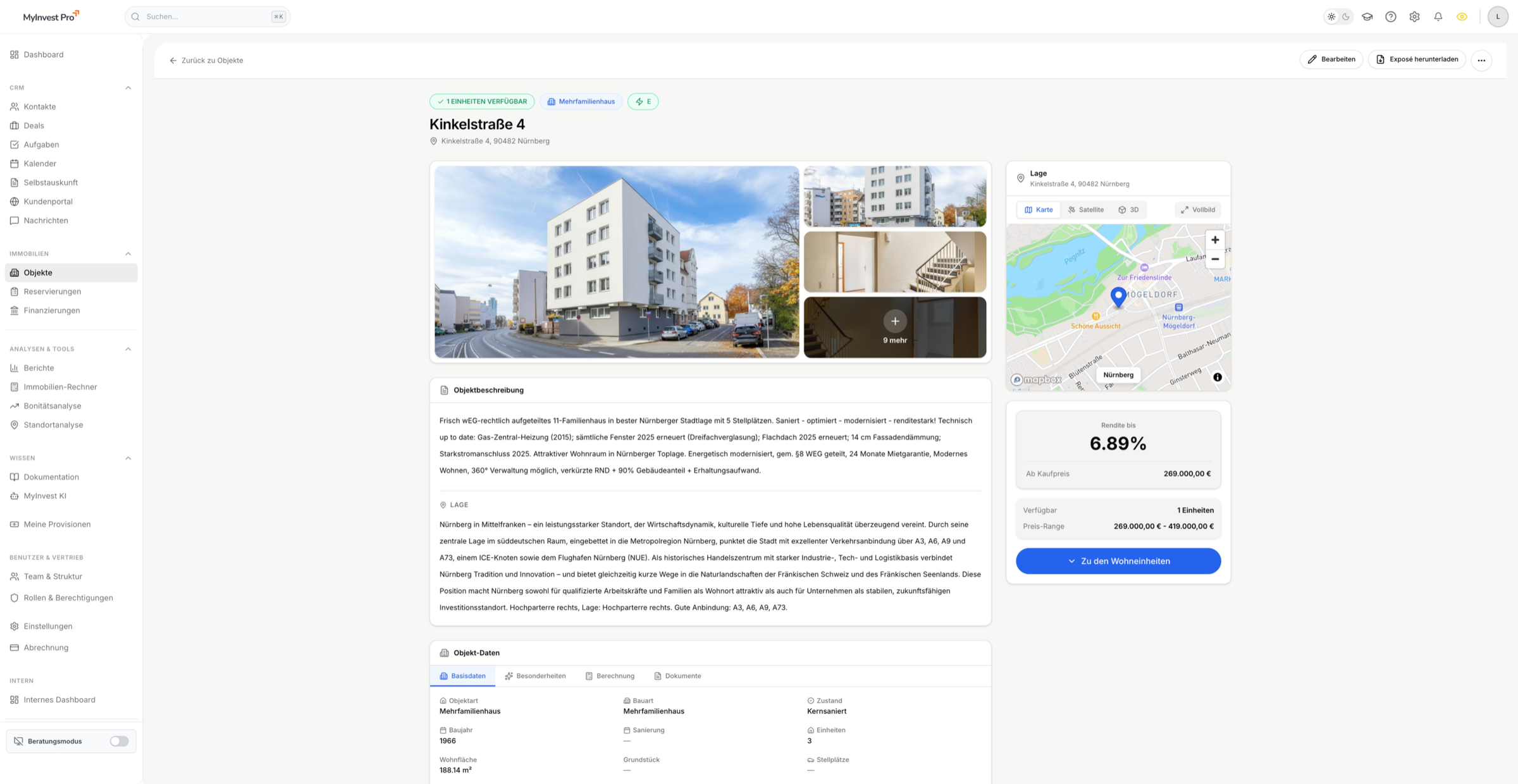 Objektdetailseite mit Galerie, Karte und Renditebox